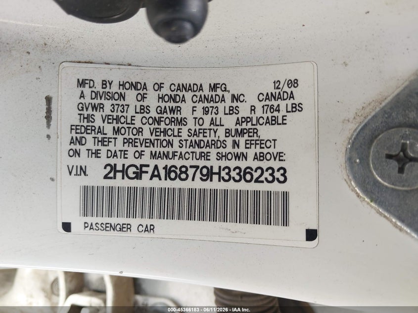 2009 HONDA CIVIC SEDAN 1.8L I-4 VVT, 140HP