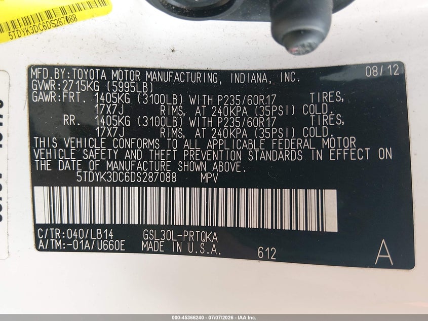 2013 TOYOTA SIENNA VAN 3.5L V6 FI DOHC 24V NF4