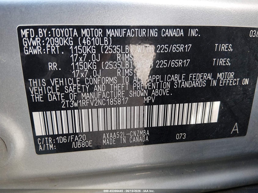 VIN 2T3W1RFV2NC185817 2022 TOYOTA RAV4 XLE