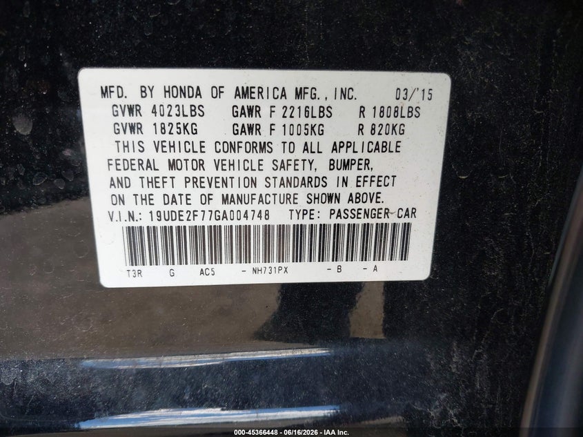2016 Acura Ilx Premium Package/Technology Plus Package VIN: 19UDE2F77GA004748 Lot: 45366448