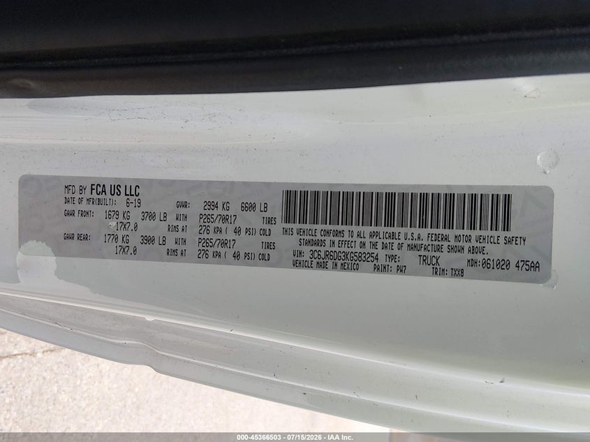 2019 Ram 1500 Classic Tradesman 4X2 8' Box VIN: 3C6JR6DG3KG583254 Lot: 45366503