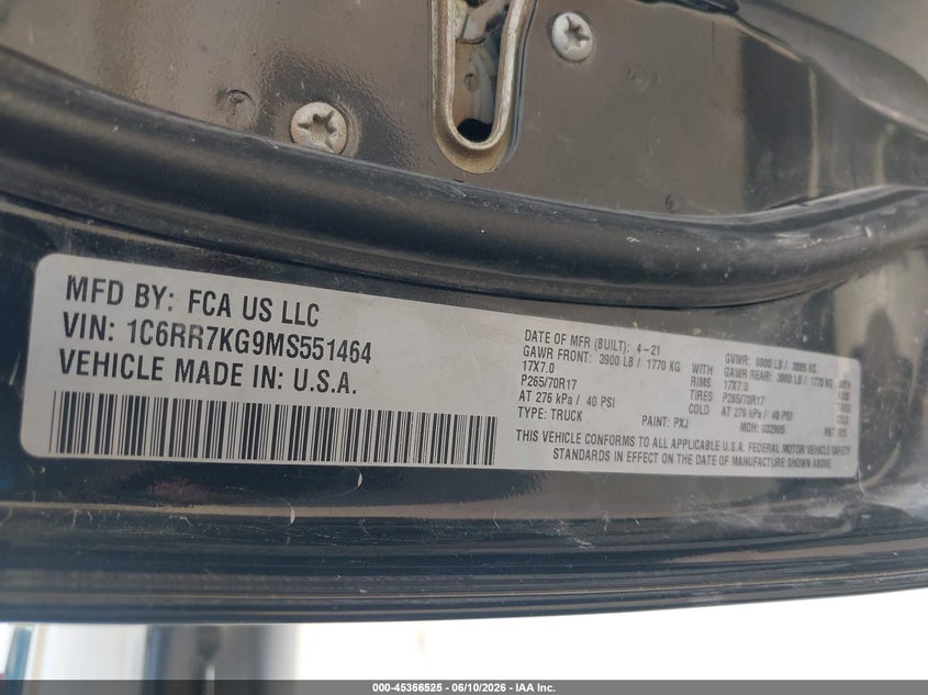 2021 Ram 1500 Classic Tradesman 4X4 5'7 Box VIN: 1C6RR7KG9MS551464 Lot: 45366525