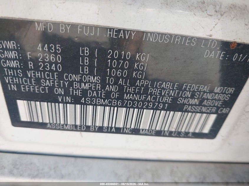 2013 Subaru Legacy 2.5I Premium VIN: 4S3BMCB67D3029791 Lot: 45366551