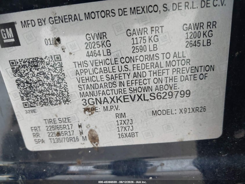 VIN 3GNAXKEVXLS629799 2020 CHEVROLET EQUINOX FWD LT 1.5L TURBO