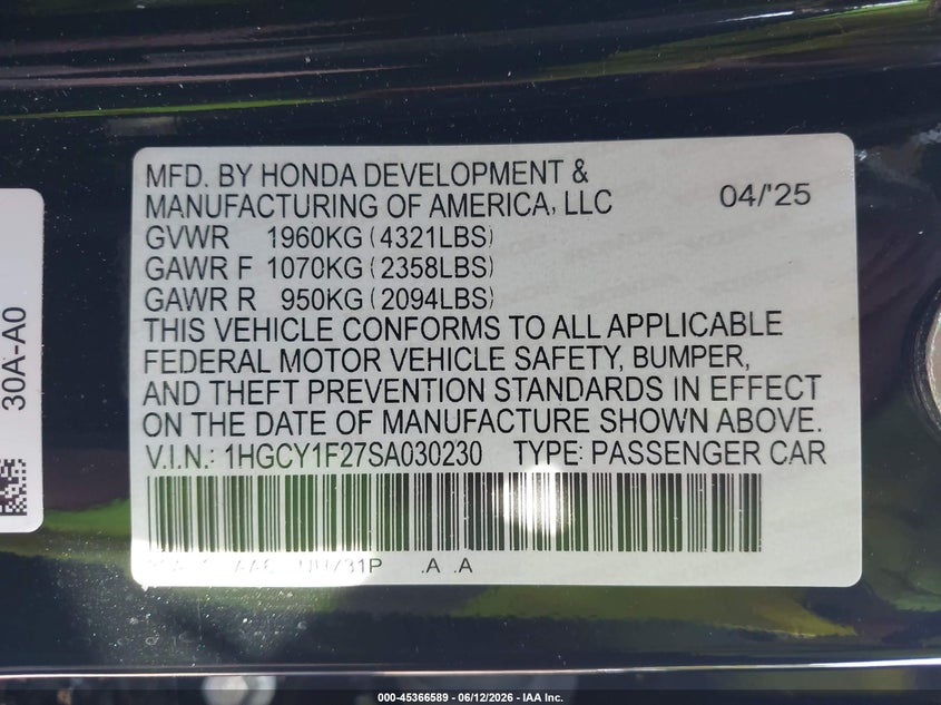VIN 1HGCY1F27SA030230 2025 HONDA ACCORD LX