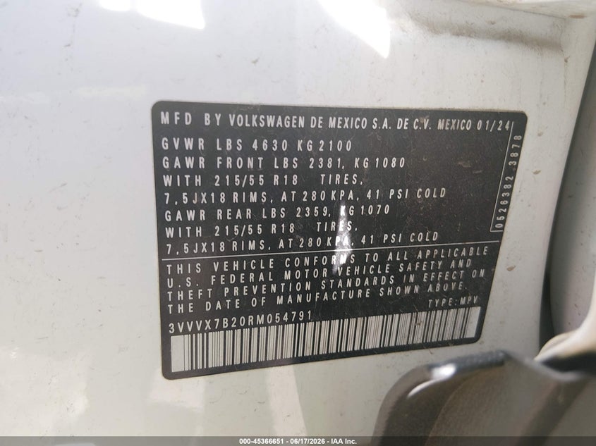2024 Volkswagen Taos 1.5T Se VIN: 3VVVX7B20RM054791 Lot: 45366651