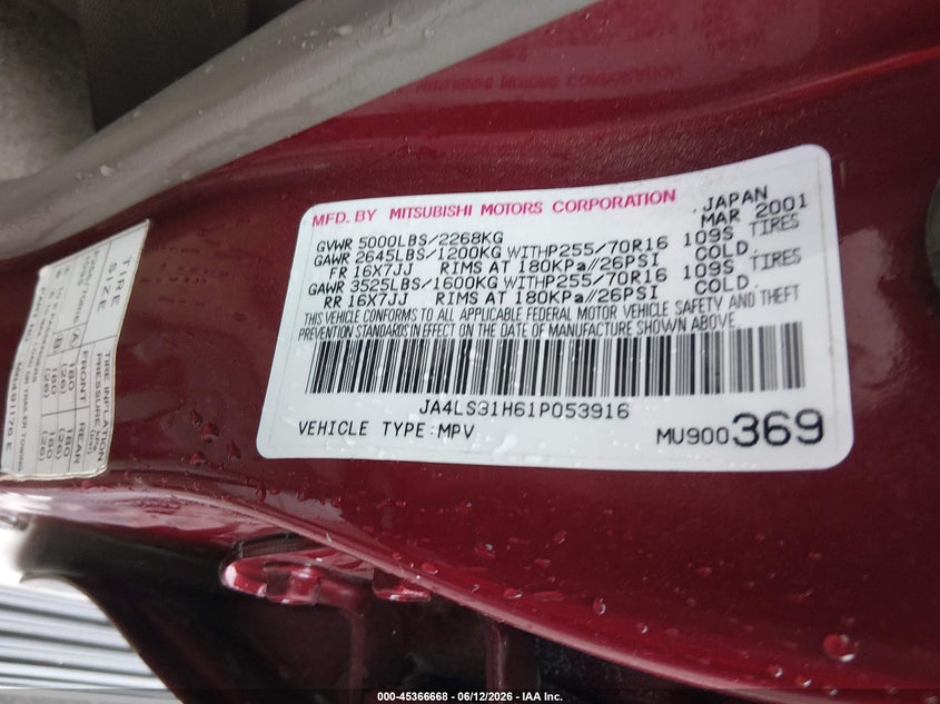 2001 Mitsubishi Montero Sport Xls VIN: JA4LS31H61P053916 Lot: 45366668