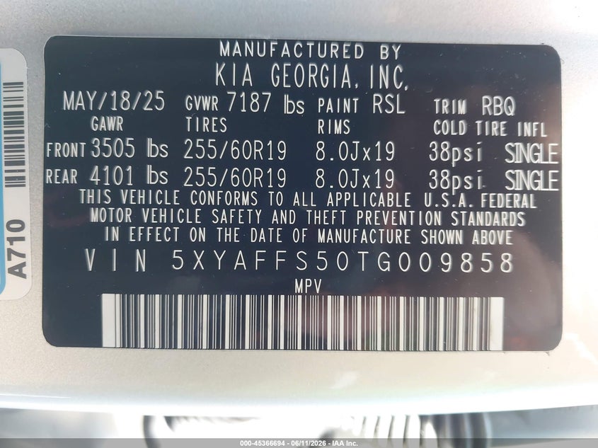 2026 Kia Ev9 Wind VIN: 5XYAFFS50TG009858 Lot: 45366694