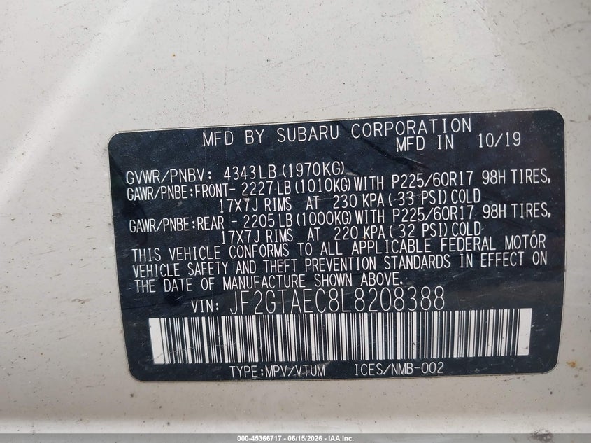 SUBARU CROSSTREK 2020 VIN JF2GTAEC8L8208388