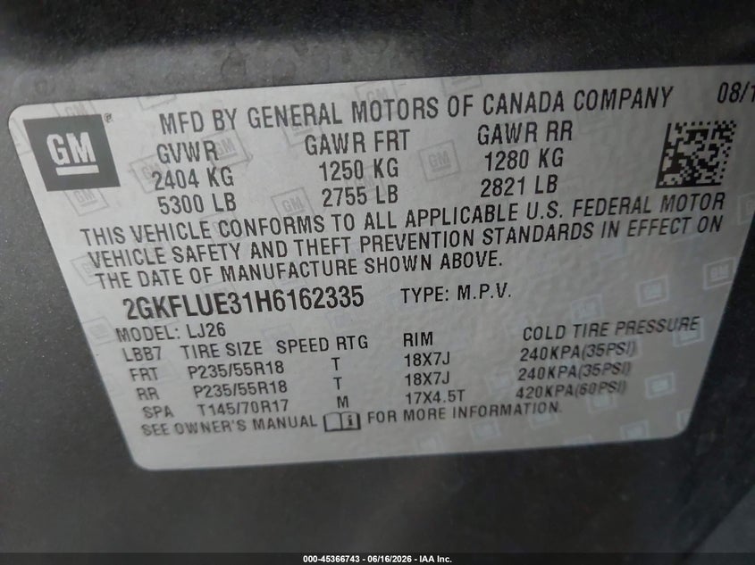 2017 GMC Terrain Slt VIN: 2GKFLUE31H6162335 Lot: 45366743