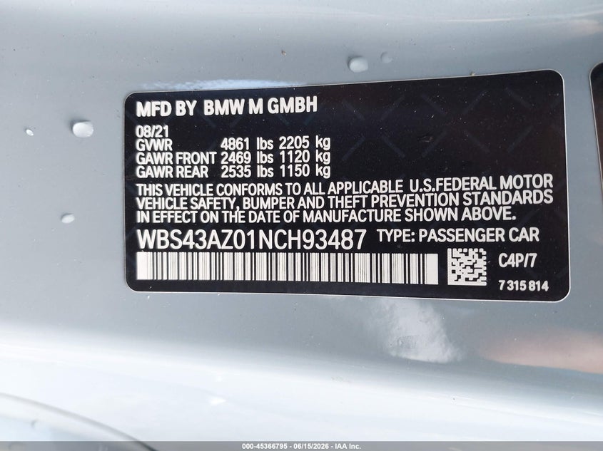 2022 BMW M4 Competition xDrive VIN: WBS43AZ01NCH93487 Lot: 45366795