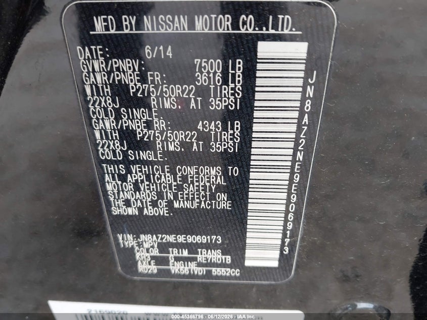 2014 Infiniti Qx80 VIN: JN8AZ2NE9E9069173 Lot: 45366796