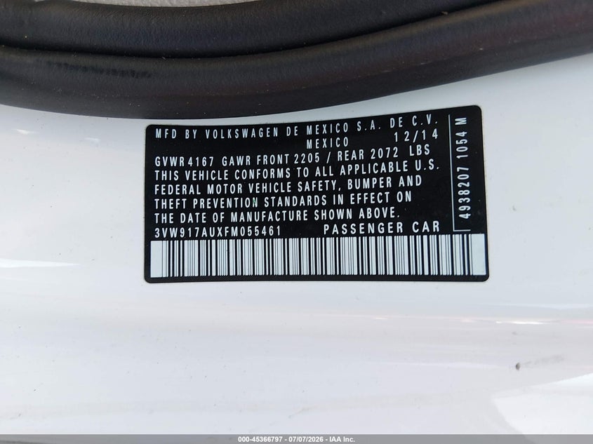 2015 Volkswagen Golf Tsi S 2-Door VIN: 3VW917AUXFM055461 Lot: 45366797