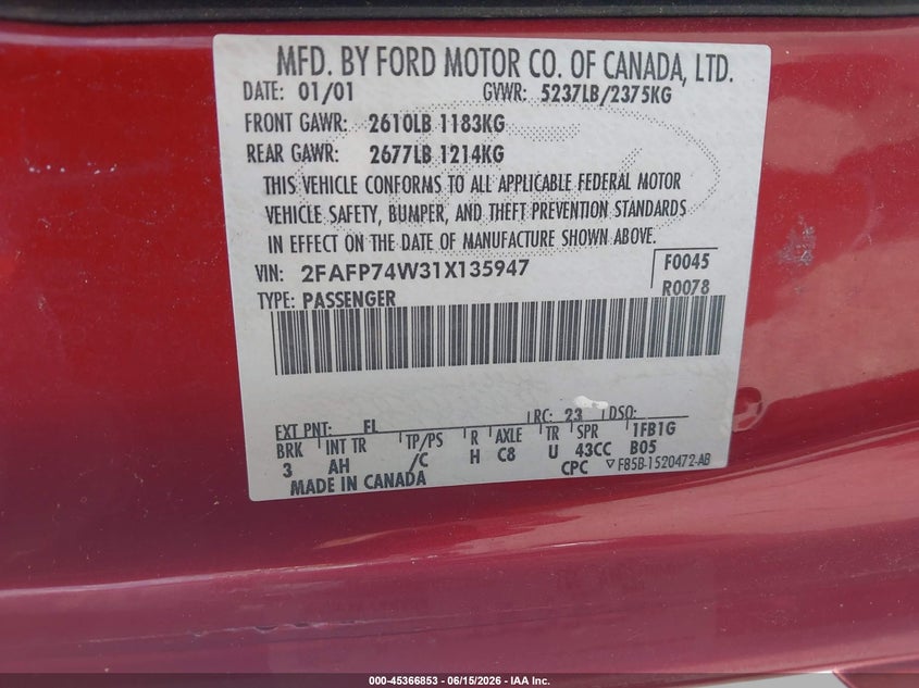 2001 Ford Crown Victoria Lx VIN: 2FAFP74W31X135947 Lot: 45366853