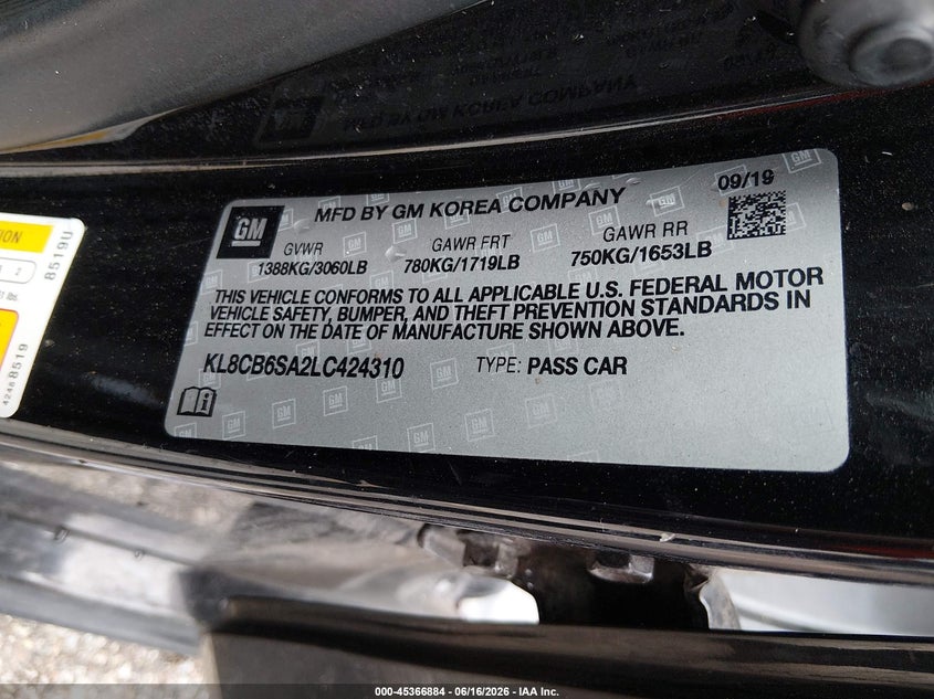2020 Chevrolet Spark Fwd Ls Automatic VIN: KL8CB6SA2LC424310 Lot: 45366884