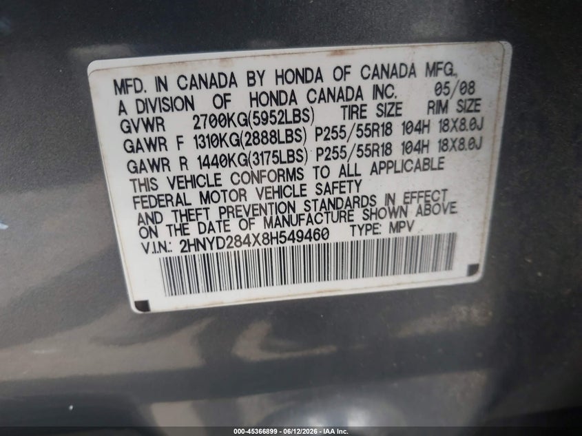 2008 Acura Mdx Technology Package VIN: 2HNYD284X8H549460 Lot: 45366899