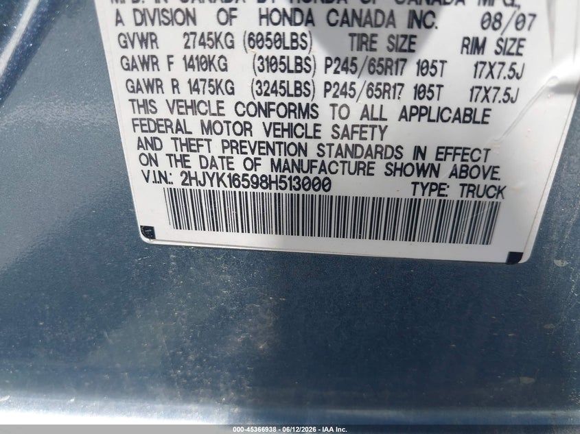 2008 Honda Ridgeline Rtl VIN: 2HJYK16598H513000 Lot: 45366938