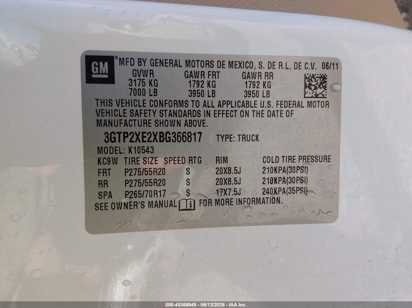 GMC SIERRA 1500 2011 VIN 3GTP2XE2XBG366817