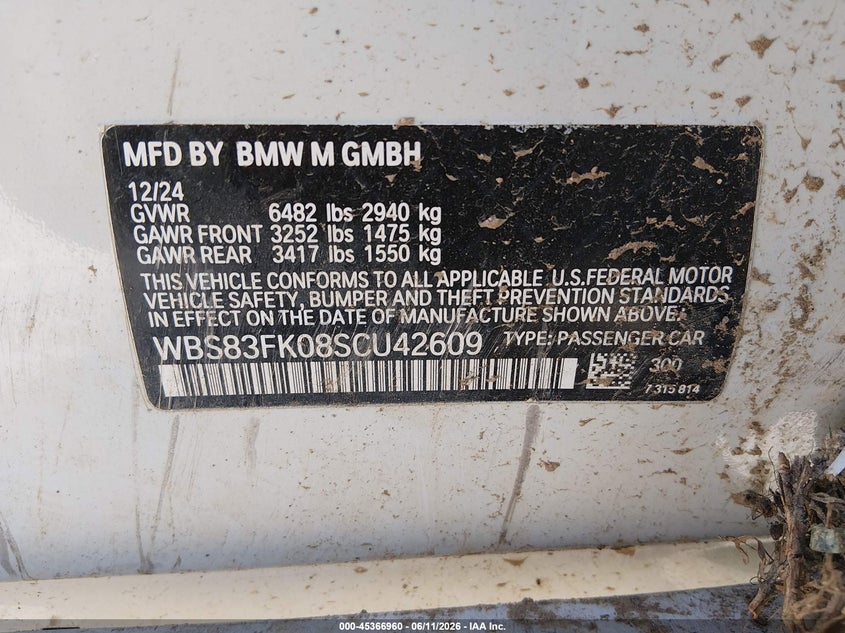 2025 BMW M5 VIN: WBS83FK08SCU42609 Lot: 45366960