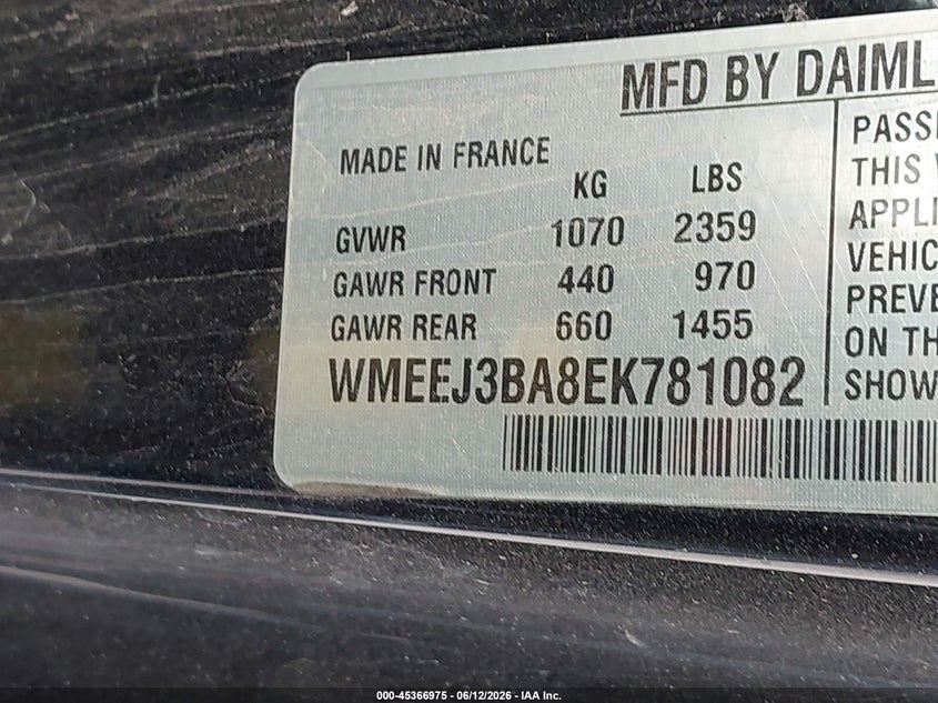 2014 Smart Fortwo VIN: WMEEJ3BA8EK781082 Lot: 45366975