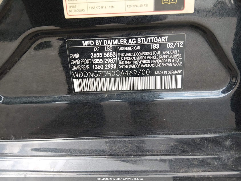 2012 Mercedes-Benz S 550 VIN: WDDNG7DB0CA469700 Lot: 45366985