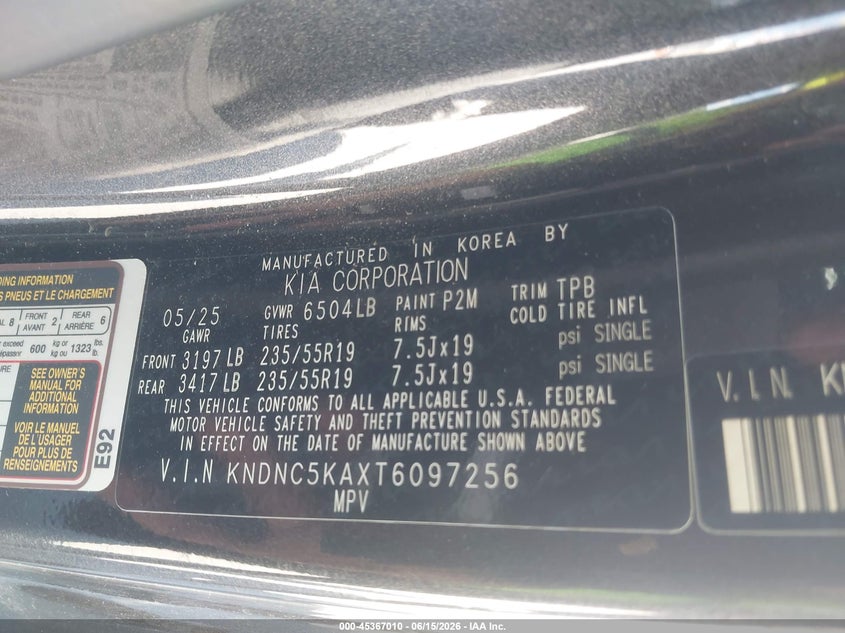 2026 Kia Carnival Mpv Hybrid Ex VIN: KNDNC5KAXT6097256 Lot: 45367010