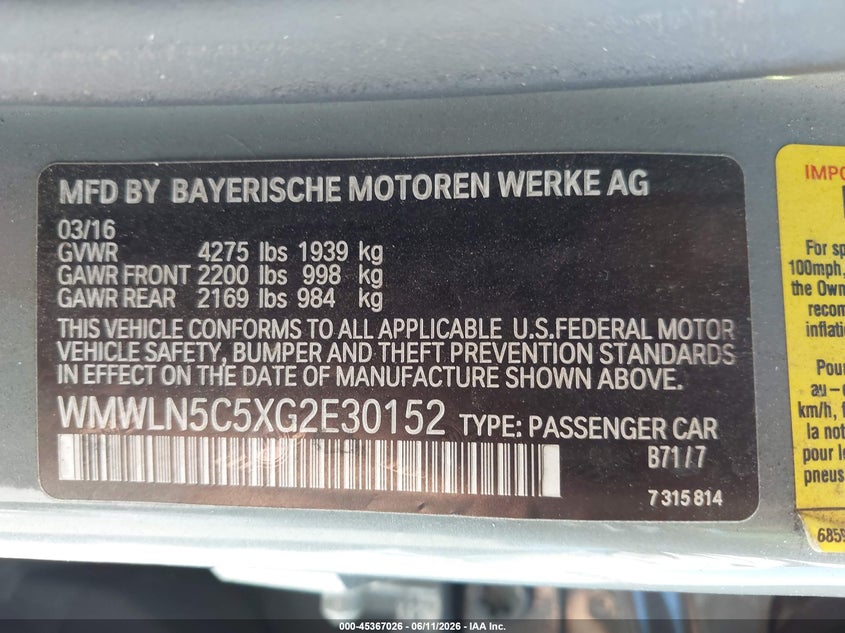 2016 Mini Clubman Cooper VIN: WMWLN5C5XG2E30152 Lot: 45367026