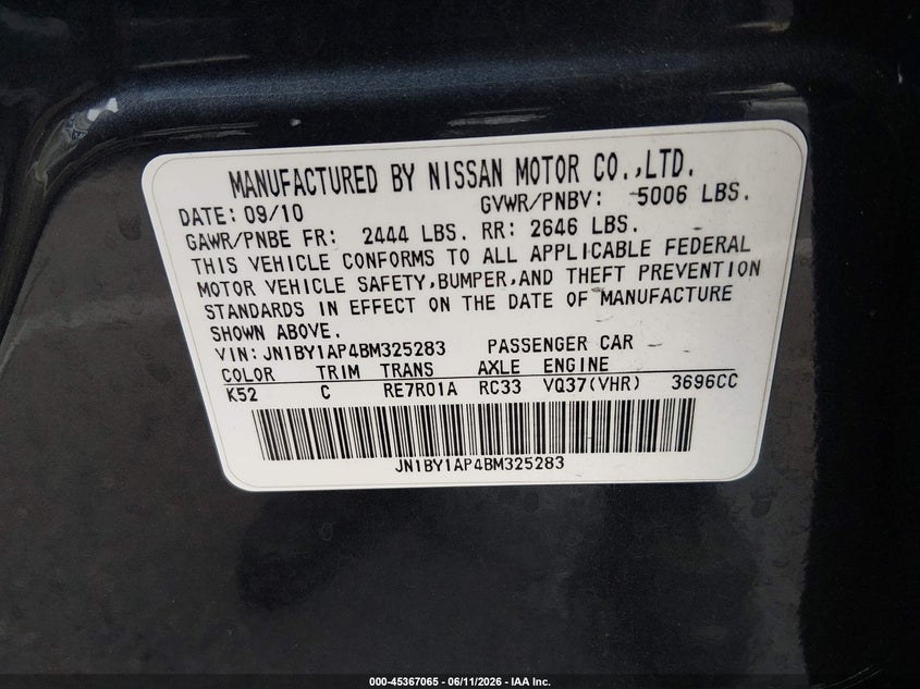 2011 Infiniti M37 VIN: JN1BY1AP4BM325283 Lot: 45367065