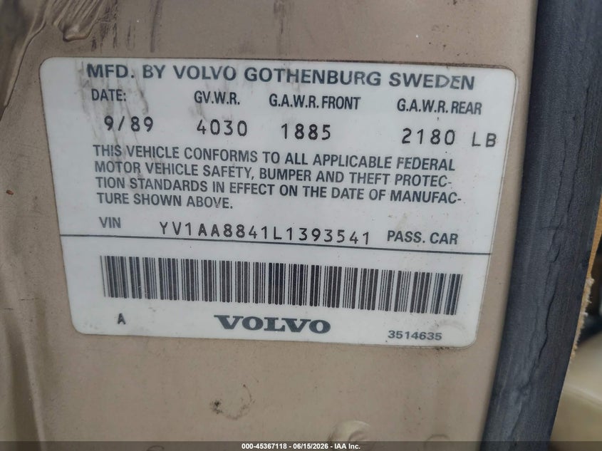 1990 Volvo 240 Dl VIN: YV1AA8841L1393541 Lot: 45367118
