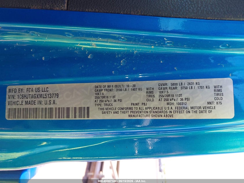 2021 Jeep Gladiator 80Th Anniversary 4X4 VIN: 1C6HJTAGXML513779 Lot: 45367140
