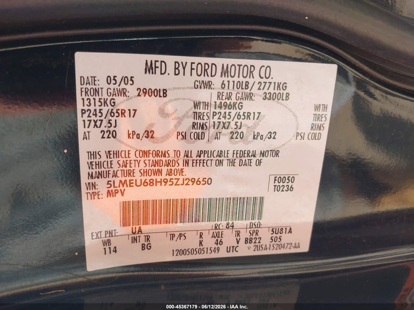 2005 Lincoln Aviator VIN: 5LMEU68H95ZJ29650 Lot: 45367179
