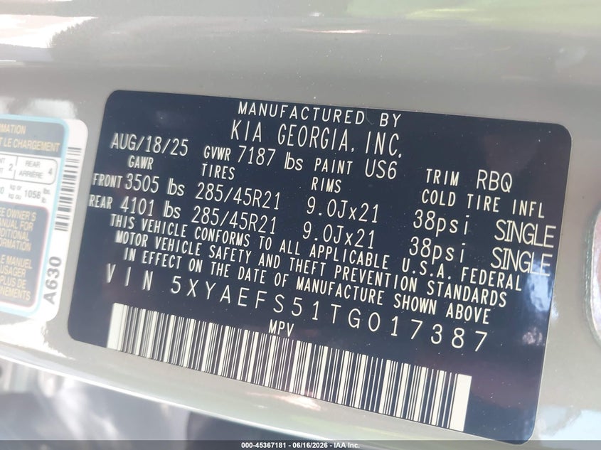 2026 Kia Ev9 Gt-Line VIN: 5XYAEFS51TG017387 Lot: 45367181
