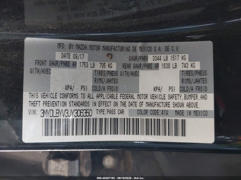 VIN 3MYDLBYV3JY306350 2018 TOYOTA YARIS IA