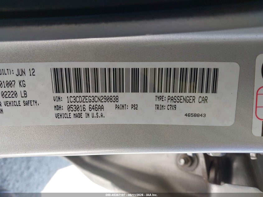 2012 Dodge Avenger Sxt Plus VIN: 1C3CDZEG3CN290838 Lot: 45367197