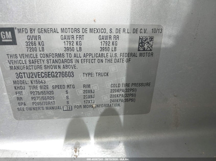 2014 GMC Sierra 1500 Slt VIN: 3GTU2VEC6EG276603 Lot: 45367243
