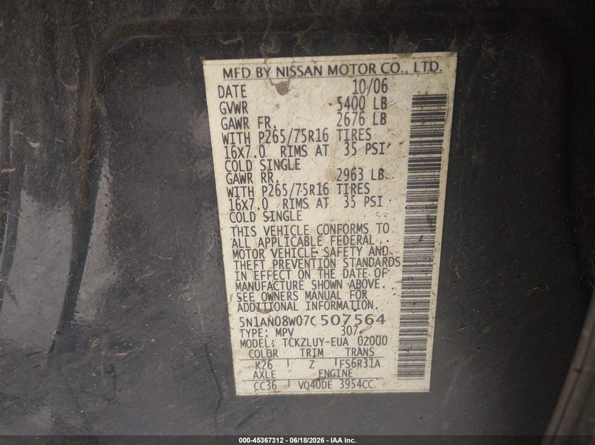 2007 Nissan Xterra Off Road VIN: 5N1AN08W07C507564 Lot: 45367312