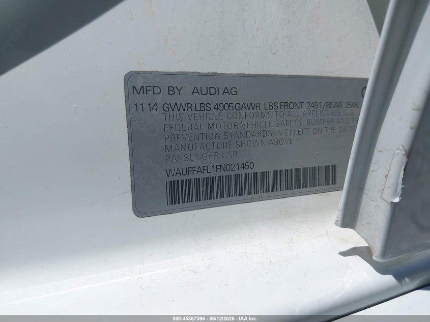 2015 AUDI A4 SEDAN 2.0L I-4 DI, DOHC, VVT, TURBO, 220HP