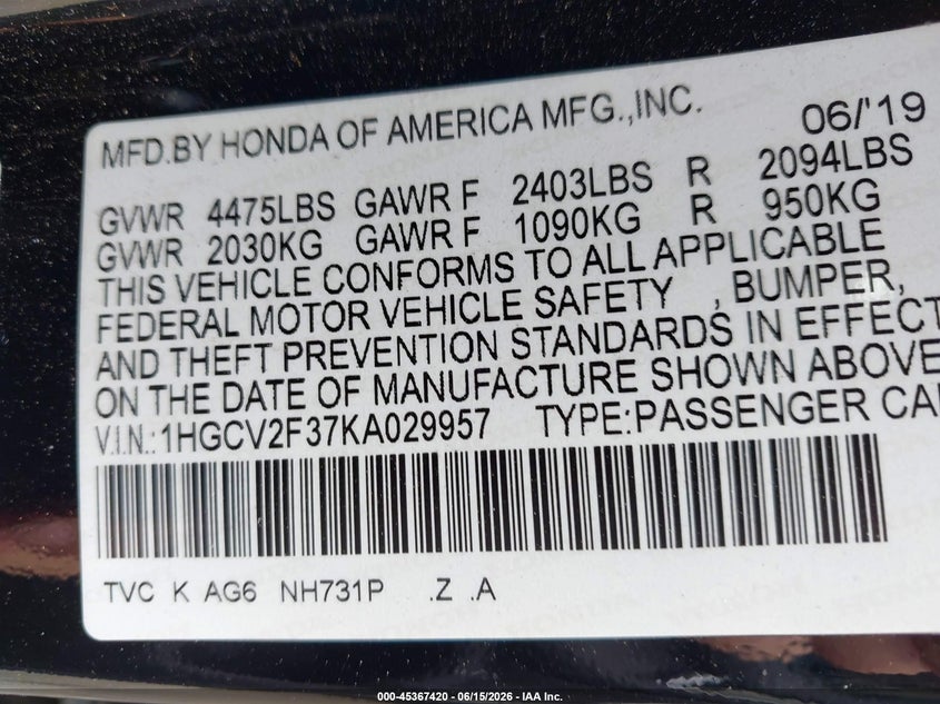 VIN 1HGCV2F37KA029957 2019 HONDA ACCORD SPORT 2.0T