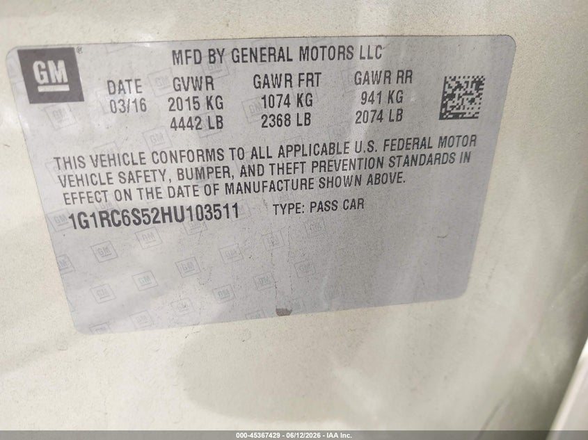 2017 Chevrolet Volt Lt VIN: 1G1RC6S52HU103511 Lot: 45367429
