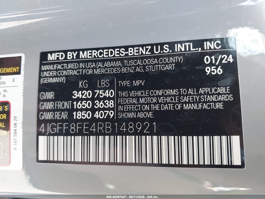 2024 Mercedes-Benz Gls 580 4Matic VIN: 4JGFF8FE4RB148921 Lot: 45367447