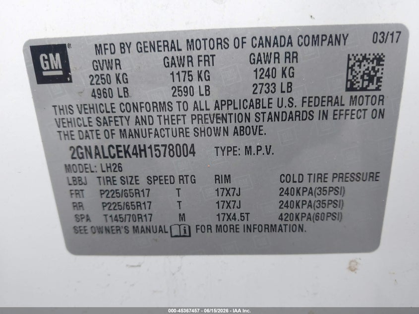 VIN 2GNALCEK4H1578004 2017 CHEVROLET EQUINOX LT