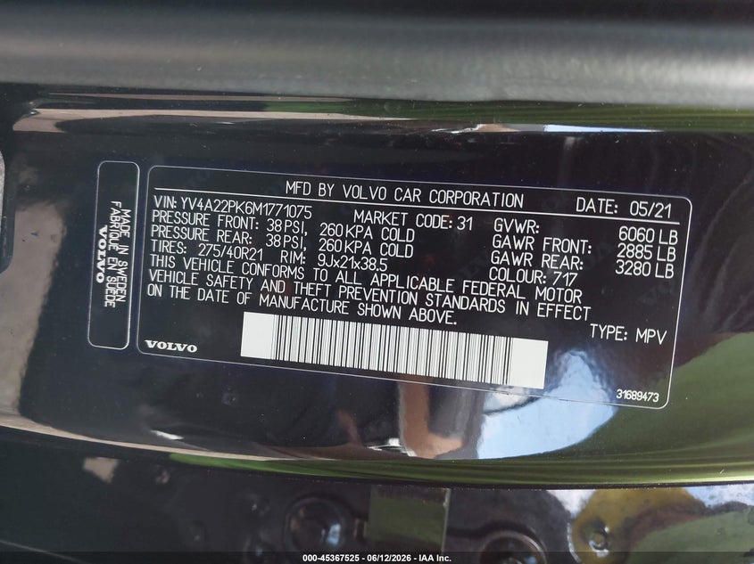 2021 Volvo Xc90 T6 Momentum 7 Passenger VIN: YV4A22PK6M1771075 Lot: 45367525