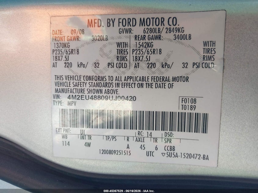 2009 Mercury Mountaineer Premier VIN: 4M2EU48809UJ00420 Lot: 45367529