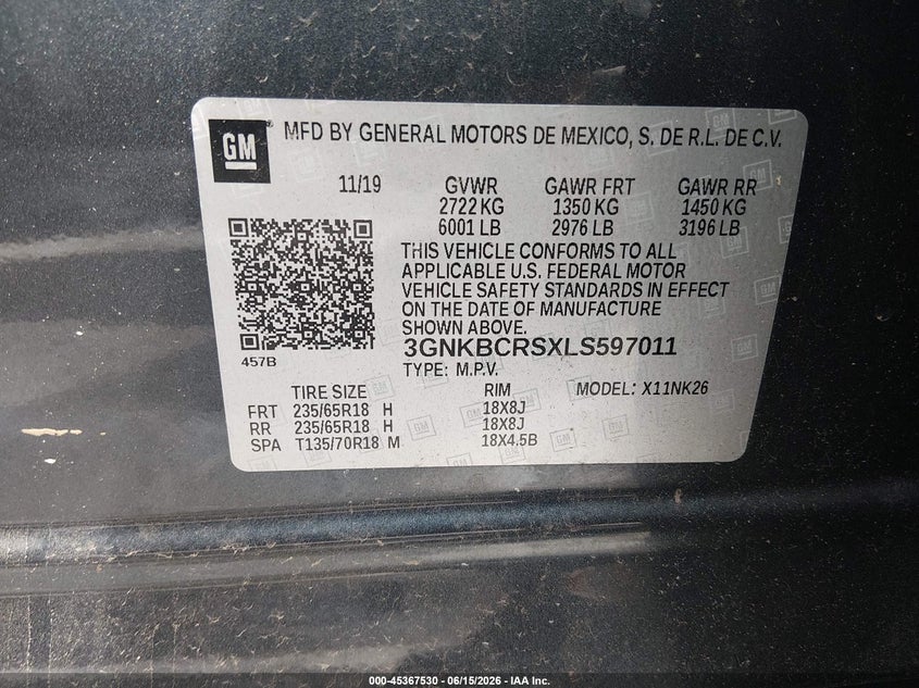 VIN 3GNKBCRSXLS597011 2020 CHEVROLET BLAZER FWD 2LT