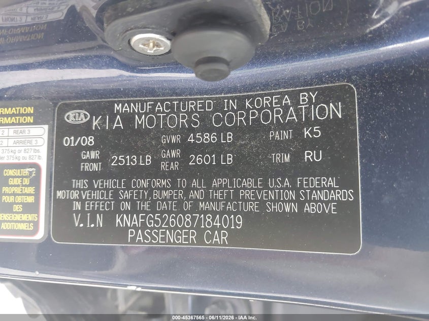 2008 Kia Rondo Lx V6 VIN: KNAFG526087184019 Lot: 45367565