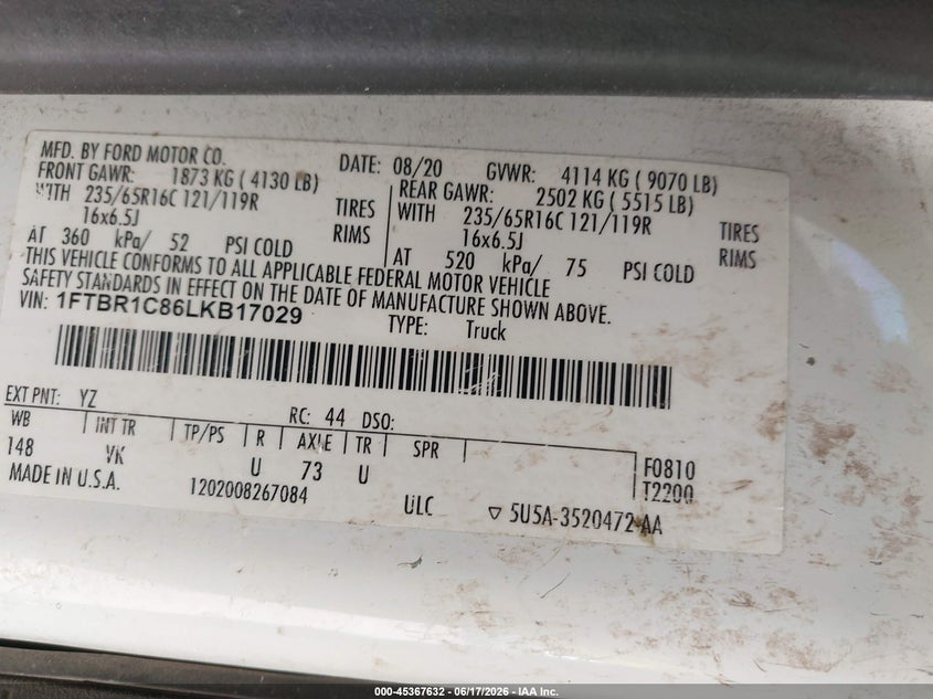 FORD TRANSIT-250 2020 VIN 1FTBR1C86LKB17029