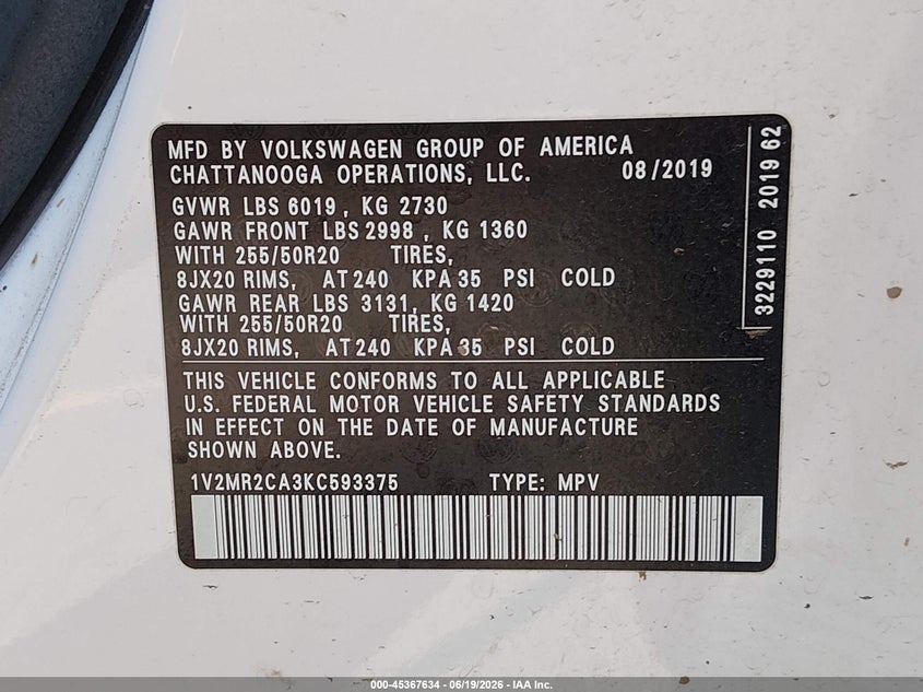 2019 Volkswagen Atlas 3.6L V6 Sel VIN: 1V2MR2CA3KC593375 Lot: 45367634