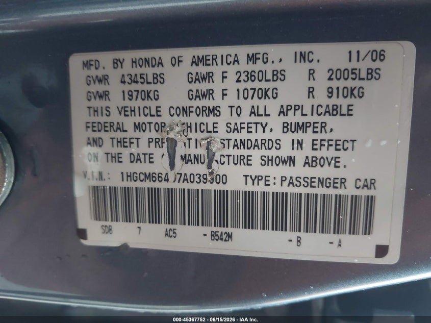 2007 HONDA ACCORD SEDAN 3.0L V-6 VVT, 244HP