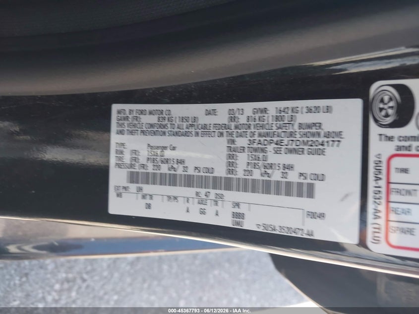 FORD FIESTA 2013 VIN 3FADP4EJ7DM204177