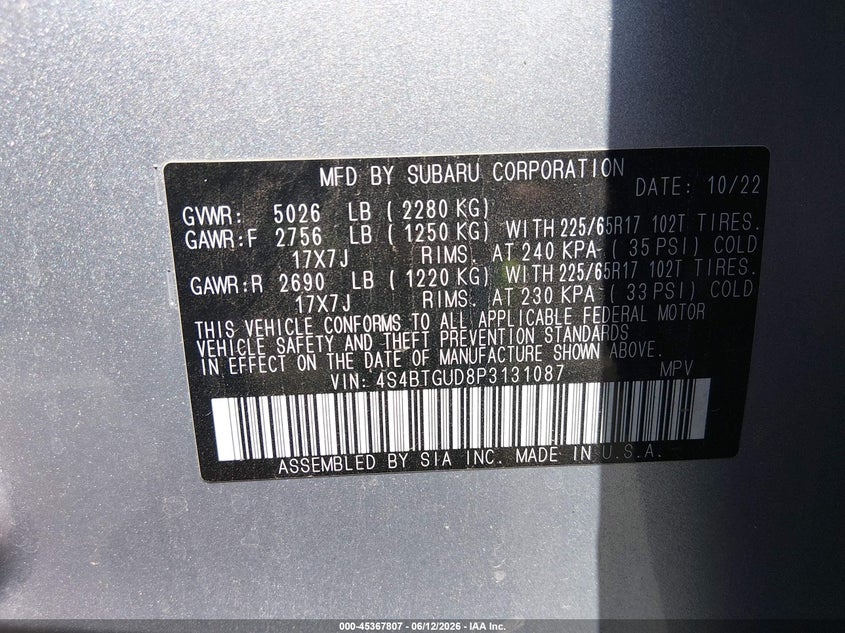 2023 SUBARU OUTBACK(VIN: 4S4BTGUD8P3131087